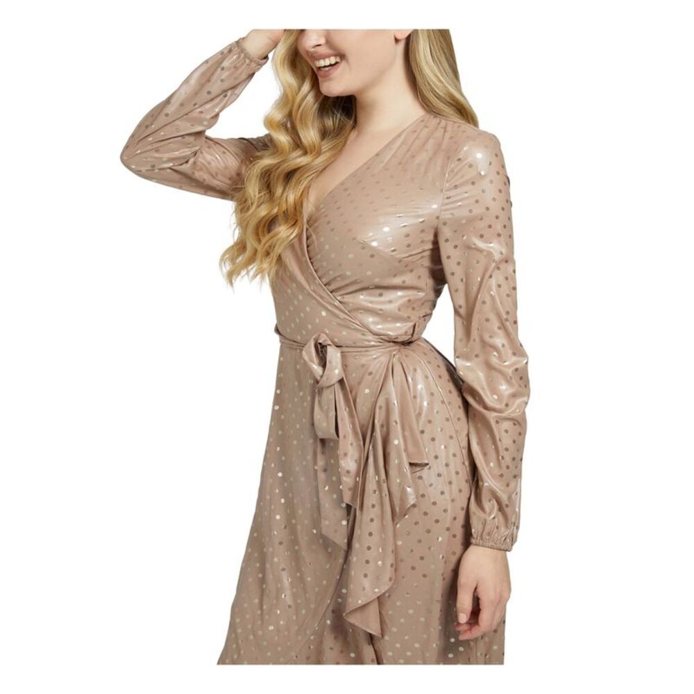 GUESS Womens Brown Tie Lined Long Sleeve Midi Evening Wrap Dress XS - Picture 3 of 4